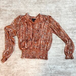 Rachel Rachel Roy Women’s XS Rust White Floral Blouse Shirt Bell Sleeve Boho